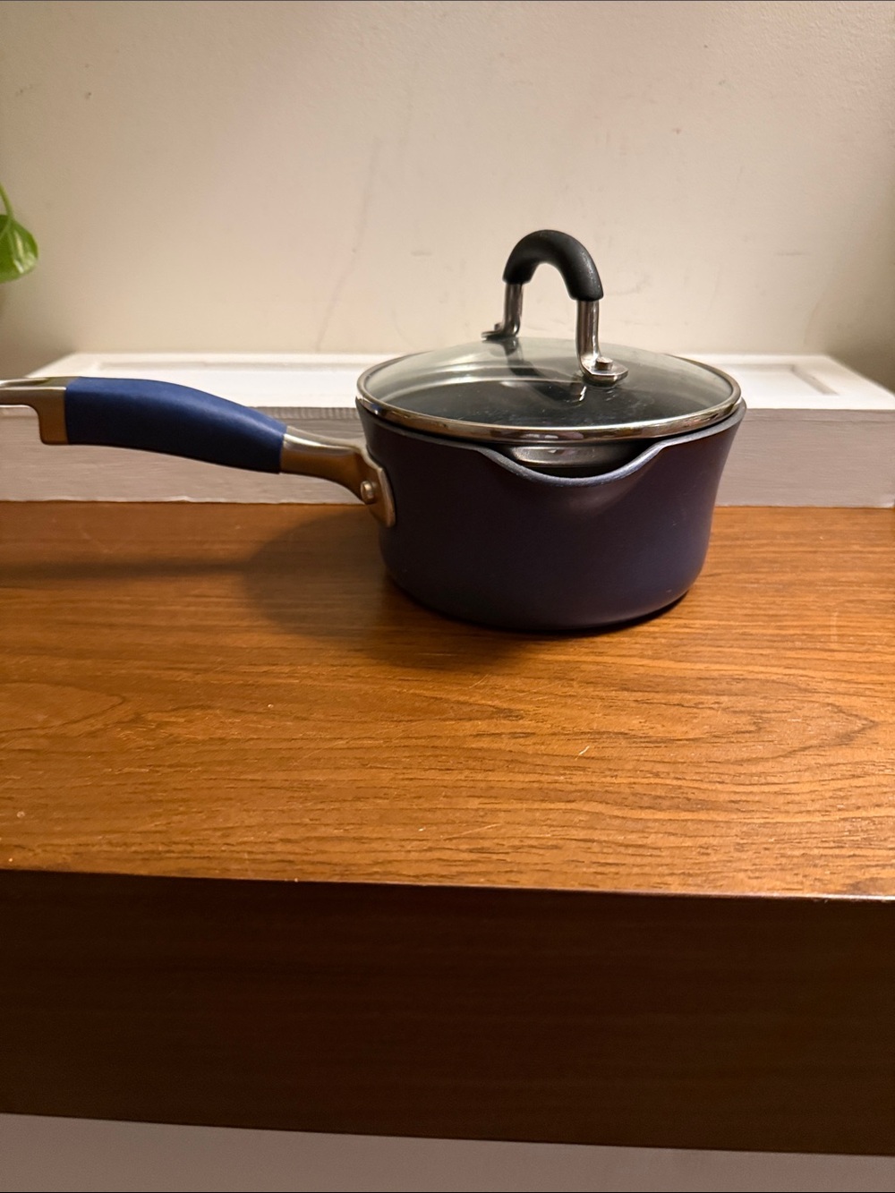 Indigo blue Anolon Advanced Hard Anodized Nonstick Straining Saucepan
